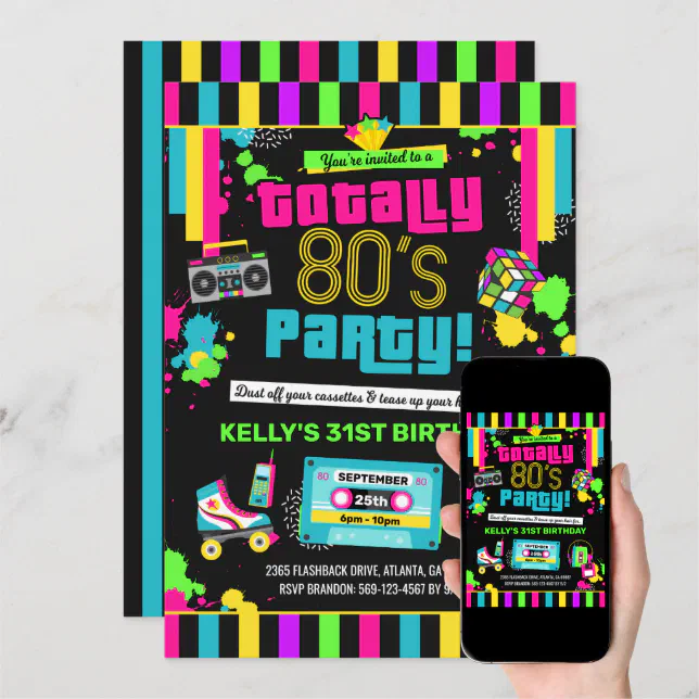 80s Birthday Invitation, 80s Party Invite, Neon Invitation | Zazzle