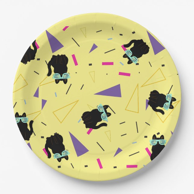 80's Birthday Party, Black Cat, Retro Party Paper Plates (Front)