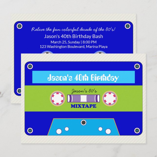 80's Birthday Party Cassette Tape Invitation (Front/Back)