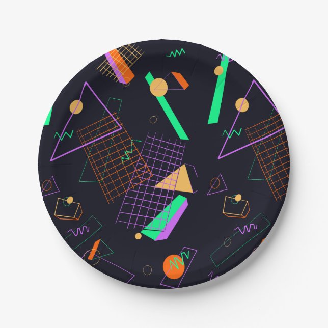 80s Black and Neon Retro Geometric Paper Plate (Front)