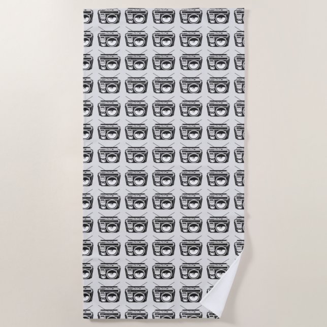 80s Boombox Grey Pattern Beach Towel (Front)