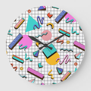 80s Bright Checkered: Vintage Geometric. Large Clock