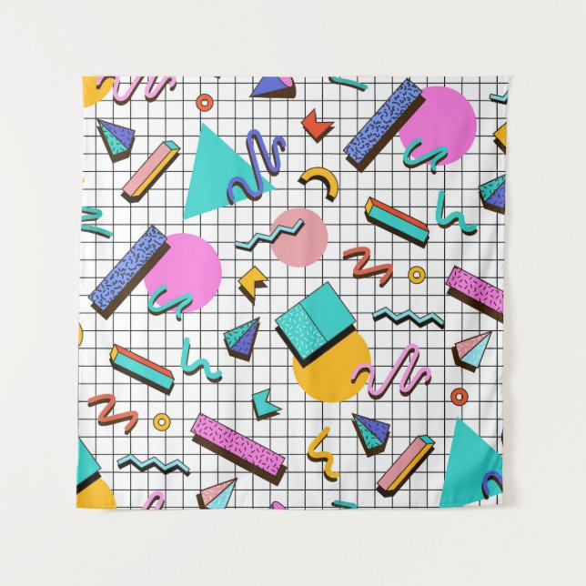80s Bright Checkered: Vintage Geometric. Tapestry (Front)