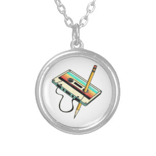 80s Cassette Tape Pencil 1980s Retro Vintage Throw Silver Plated Necklace