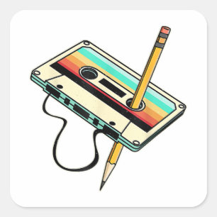 80s Cassette Tape Pencil 1980s Retro Vintage Throw Square Sticker