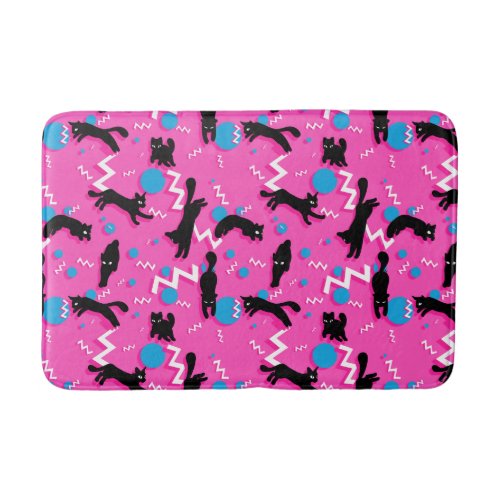 80s Cats Black Pink Geometric Memphis Pattern Bath Mat