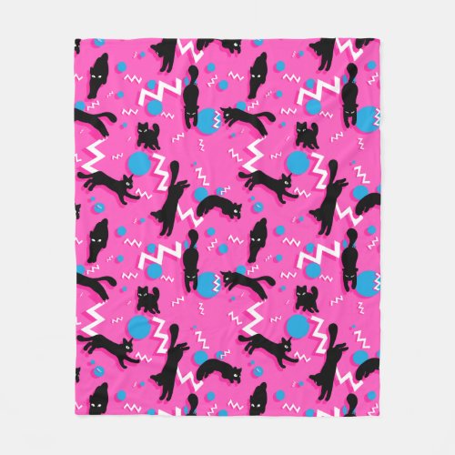 80s Cats Black Pink Geometric Memphis Pattern Fleece Blanket