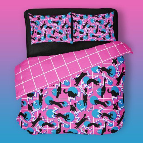 80s Cats Name Pink Geometric Memphis Pattern Duvet Cover