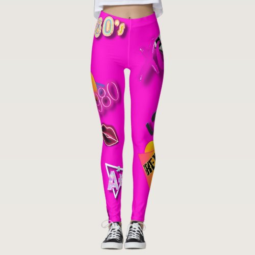 80s Collage Art Leggings Hot Pink