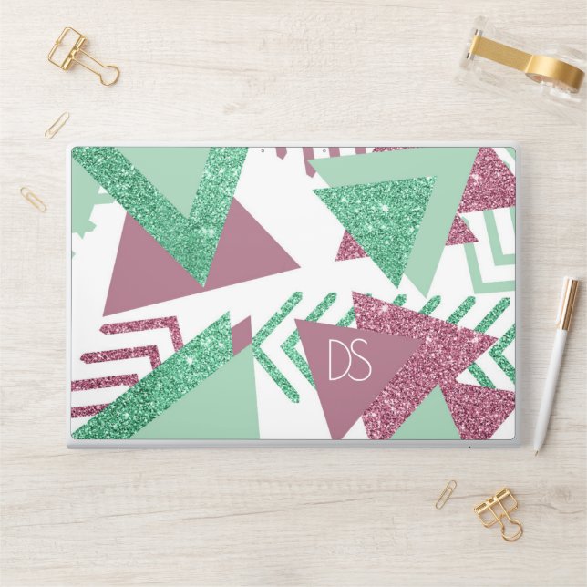 80s Fresh Abstract | Pink and Green Shape Monogram HP Laptop Skin (Desk)