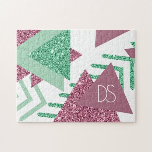 80s Fresh Abstract  Pink and Green Shape Monogram Jigsaw Puzzle
