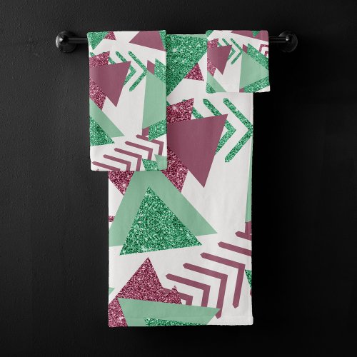 80s Fresh Abstract  Pink and Green Shapes Pattern Bath Towel Set
