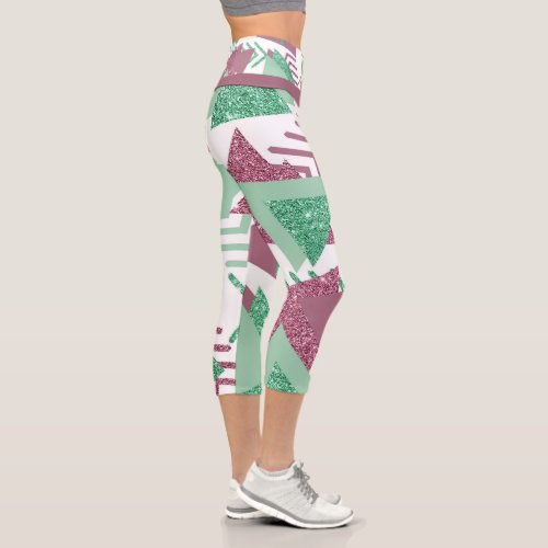 80s Fresh Abstract  Pink and Green Shapes Pattern Capri Leggings