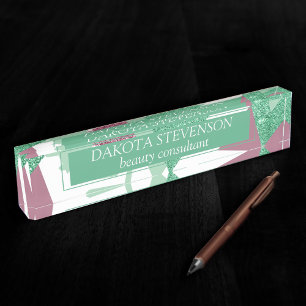 80s Fresh Abstract   Pink and Green Shapes Pattern Desk Name Plate