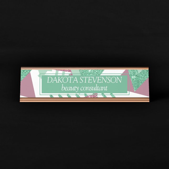 80s Fresh Abstract | Pink and Green Shapes Pattern Desk Name Plate (Creator Uploaded)