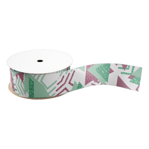 80s Fresh Abstract  Pink and Green Shapes Pattern Grosgrain Ribbon