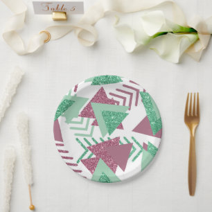 80s Fresh Abstract   Pink and Green Shapes Pattern Paper Plates