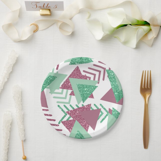 80s Fresh Abstract | Pink and Green Shapes Pattern Paper Plates (Wedding)