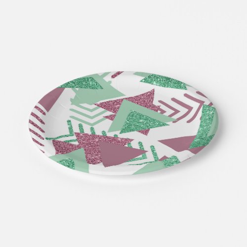 80s Fresh Abstract  Pink and Green Shapes Pattern Paper Plates