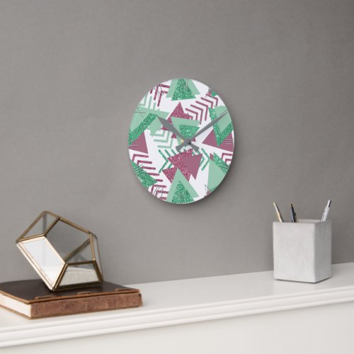 80s Fresh Abstract  Pink and Green Shapes Pattern Round Clock