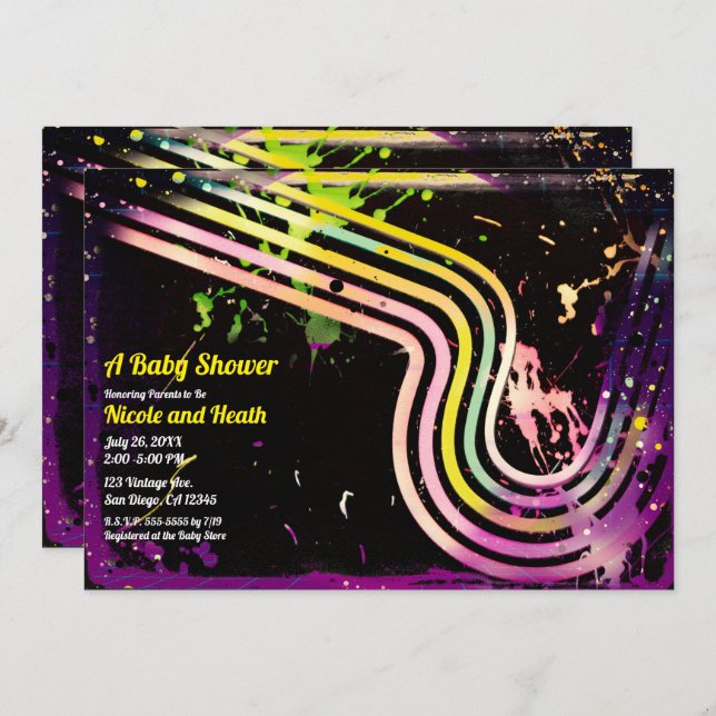 80's Grunge Color Splatter Retro Baby Shower Invitation (Front/Back)