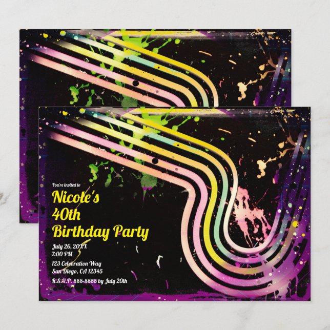 80's Grunge Color Splatter Retro Birthday Party Invitation (Front/Back)