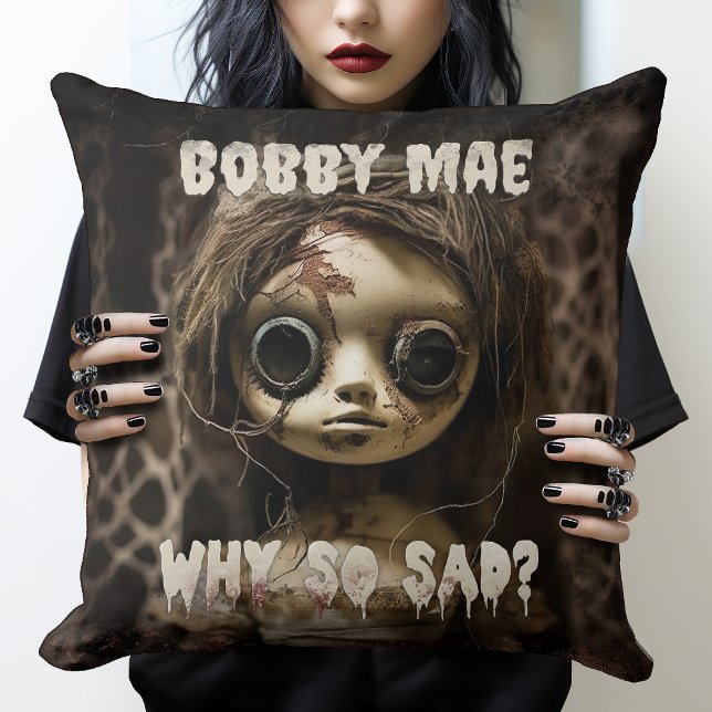 80s Horror Movie Demon Doll Possessed Throw Pillow (A creepy customizable goggle-eyed doll who is here to cheer you up with mischief on rainy days!)
