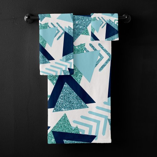 80s Luxe Abstract  Turquoise and Navy Blue Shapes Bath Towel Set