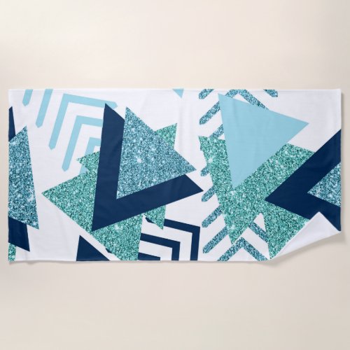 80s Luxe Abstract  Turquoise and Navy Blue Shapes Beach Towel
