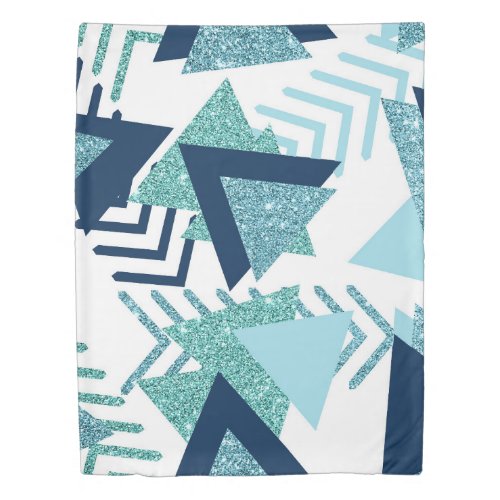 80s Luxe Abstract  Turquoise and Navy Blue Shapes Duvet Cover