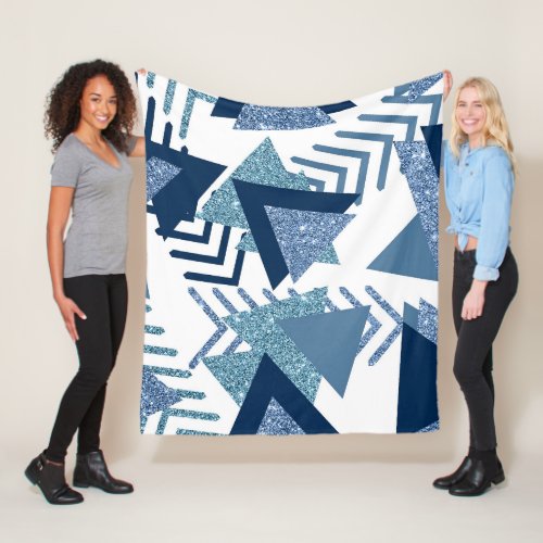 80s Luxe Abstract  Turquoise and Navy Blue Shapes Fleece Blanket