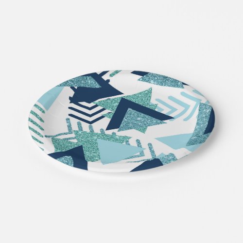 80s Luxe Abstract  Turquoise and Navy Blue Shapes Paper Plates