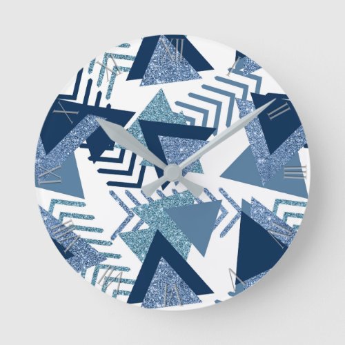 80s Luxe Abstract  Turquoise and Navy Blue Shapes Round Clock