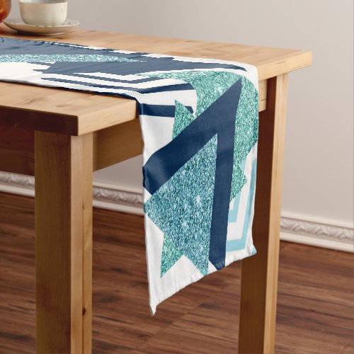 80s Luxe Abstract  Turquoise and Navy Blue Shapes Short Table Runner