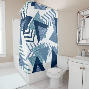 80s Luxe Abstract Turquoise and Navy Blue Shapes Shower Curtain