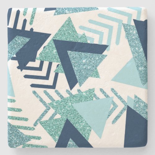 80s Luxe Abstract  Turquoise and Navy Blue Shapes Stone Coaster