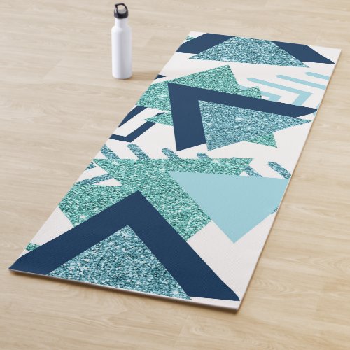 80s Luxe Abstract  Turquoise and Navy Blue Shapes Yoga Mat