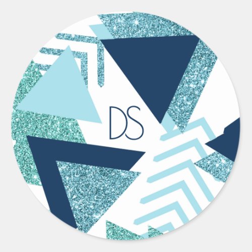 80s Luxe Abstract  Turquoise and Navy Monogram Classic Round Sticker