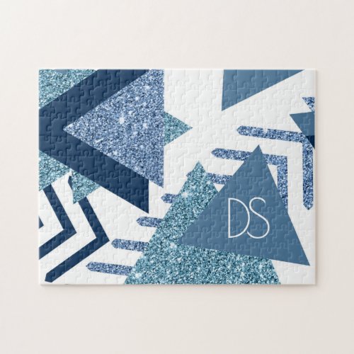 80s Luxe Abstract  Turquoise and Navy Monogram Jigsaw Puzzle