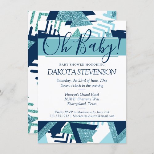 80s Luxe Abstract  Turquoise and Navy Oh Baby Invitation