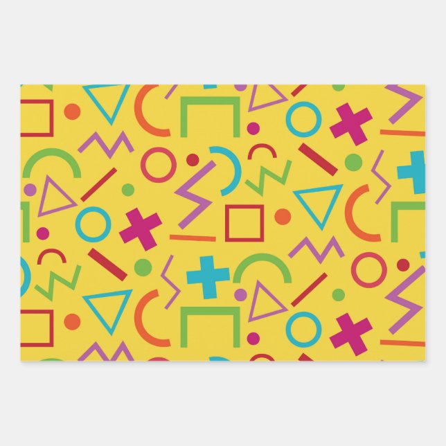 80s Memphis Style Geometric Shapes Yellow  Wrapping Paper Sheets (Front)