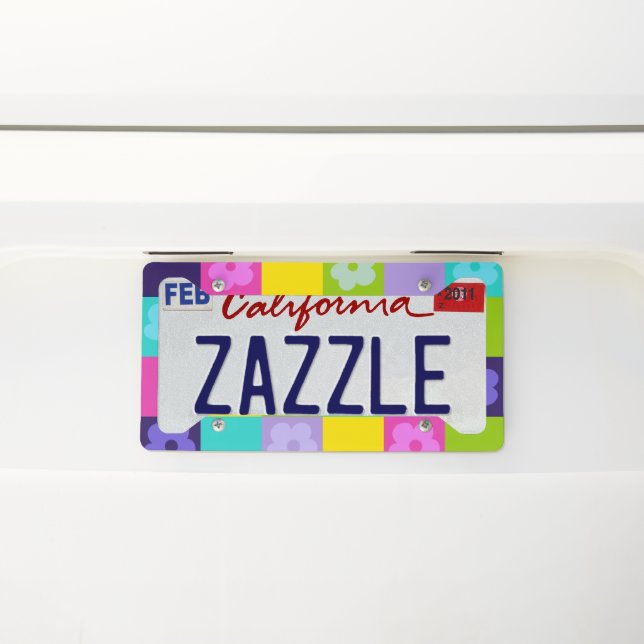 80s Neon Check Flowers #1 #decor #art License Plate Frame (On Car)