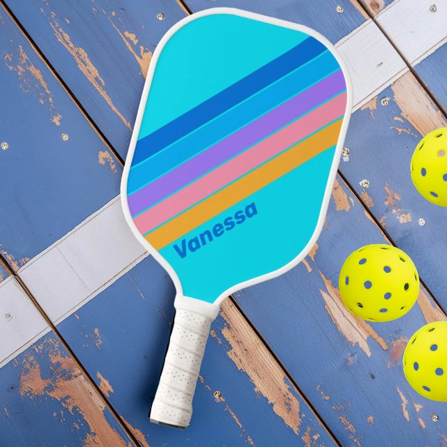80s Neon Ocean Sky Striped with Name Pickleball Paddle (Creator Uploaded)