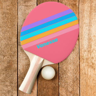 80s Neon Sunrise Striped with Name Ping Pong Paddle