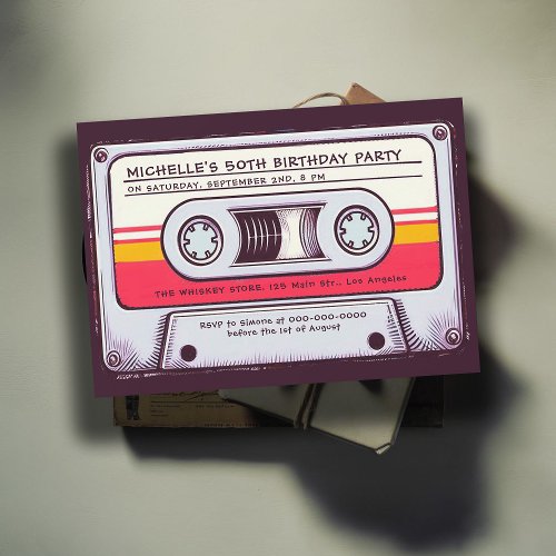 80s Nostalgia Cassette Tape Mix Fun 50th Birthday Invitation