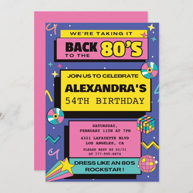80s party Budget Retro 54th birthday invitations (Front/Back)