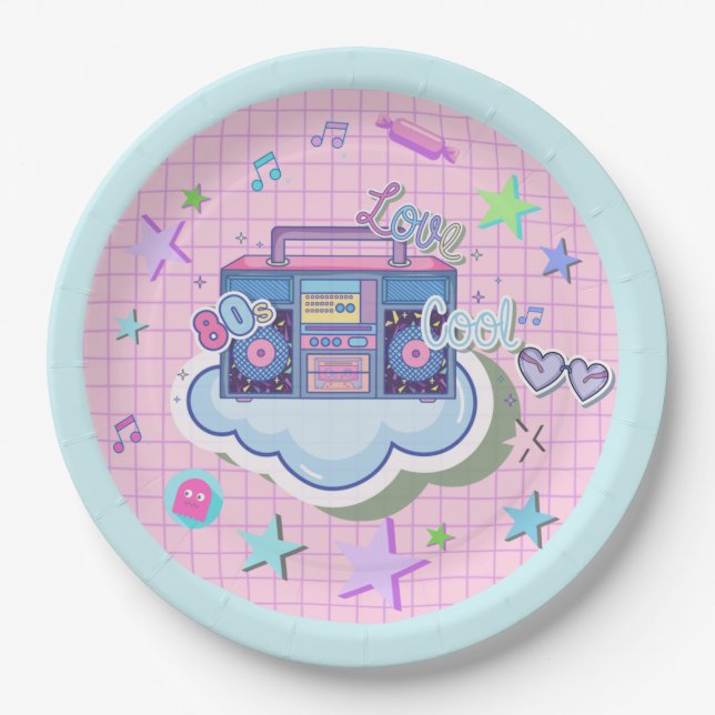 80's party, music, rock and roll, retro, tweens paper plates (Front)