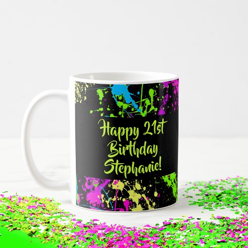 80s Party Retro Neon Paint Splatter Personalized Coffee Mug