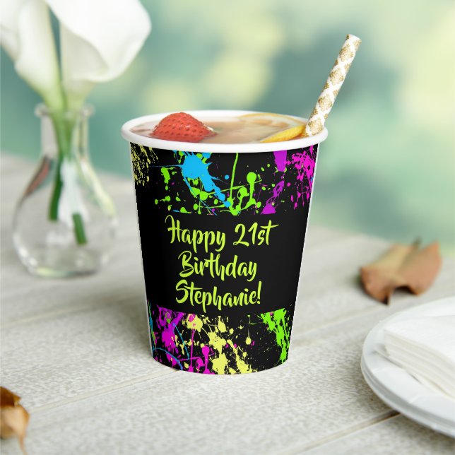 80s Party Retro Neon Paint Splatter Personalized Paper Cups (Insitu)