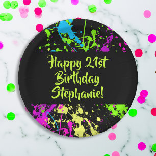 80s Party Retro Neon Paint Splatter Personalized Paper Plates